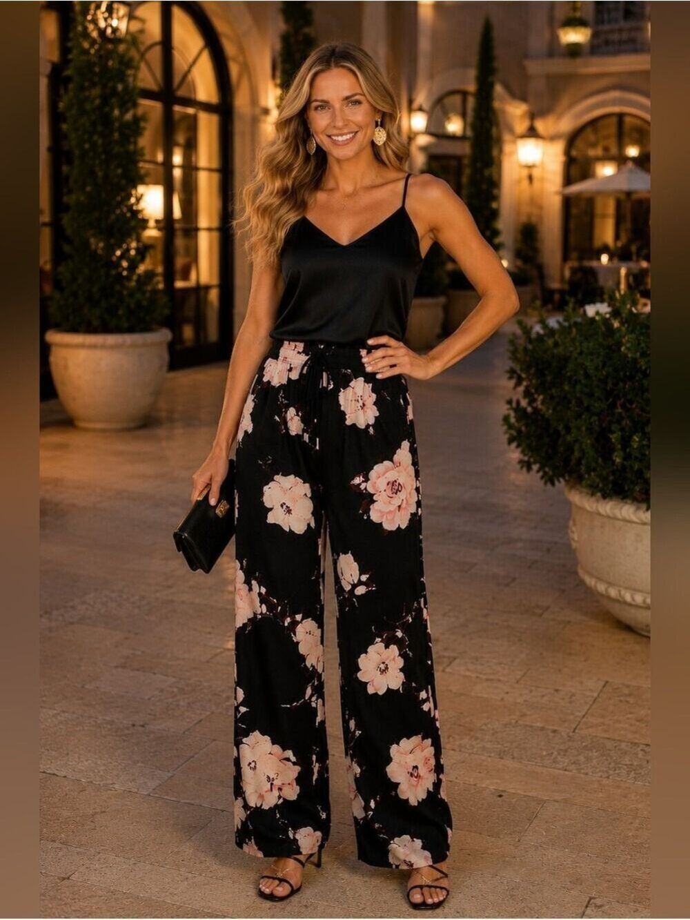 Romantic Floral Palazzo Pants Wide Leg Boho Resort Vacation Cottagecore Size L - Picture 15 of 15